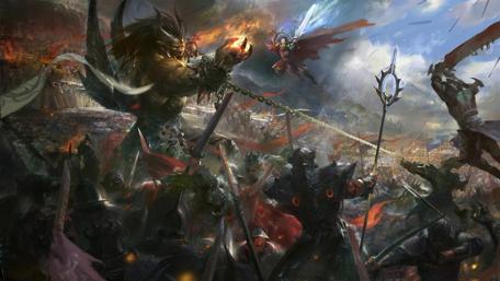 Epic Fantasy Battle of Heroes and Beasts wallpaper
