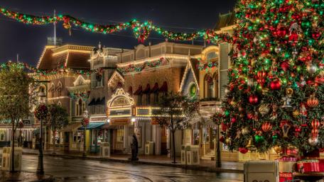 Festive Holiday Street Decorated for Christmas wallpaper