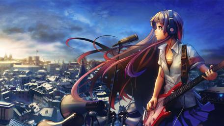 Melodic Cityscape A Girl and Her Guitar wallpaper