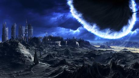 Portal Over Dystopian Cityscape in Space wallpaper