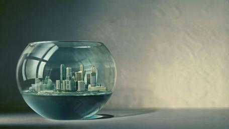 Miniature City in a Glass Bowl Created with Fantasy Elements wallpaper