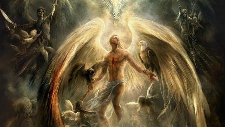 Epic Celestial Battle Unfolds in Mystic Realm wallpaper
