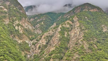 Majestic Mountains and Lush Forests in Foggy Mystique wallpaper