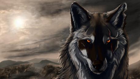 Eerie Wolf in Dramatic Landscape wallpaper