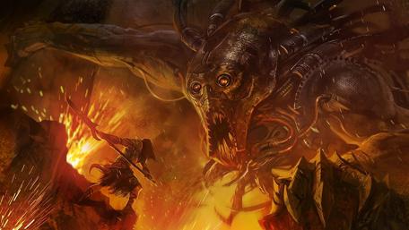 Epic Battle Against the Fiery Beast in Fantasy Realm wallpaper