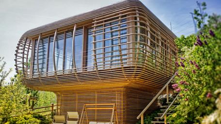 Modern Wooden Retreat in Nature's Embrace wallpaper