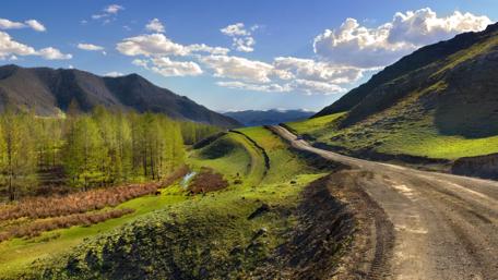 Serene Pathway Through Majestic Mountains wallpaper