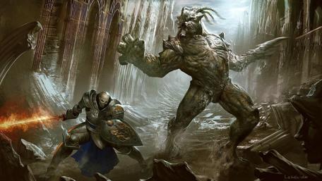 Epic Battle of Hero and Monster in a Ruined Realm wallpaper