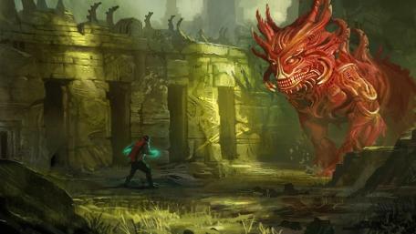 Epic Clash Between Dragon and Warrior in Ancient Ruins wallpaper