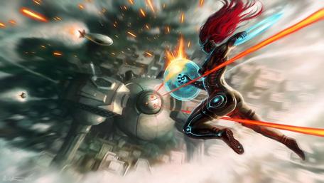 Dynamic Cyberpunk Warrior in Flight Above a Futuristic Cityscape wallpaper