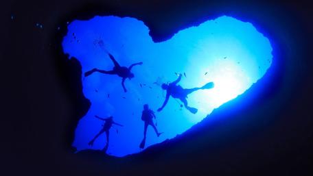 Underwater Adventure Silhouettes of Divers in Clear Blue Sea wallpaper