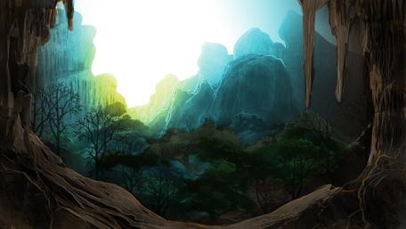 Mystical Cave Entrance Revealing a Hidden Paradise wallpaper