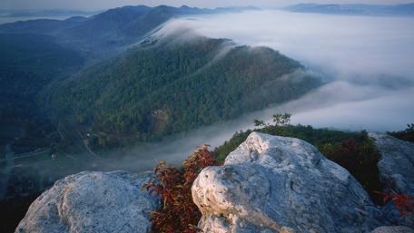 Serene Mountain Landscape in Misty Horizon wallpaper