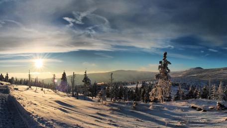 Winter Sunrise Over Snowy Hillside Landscape wallpaper