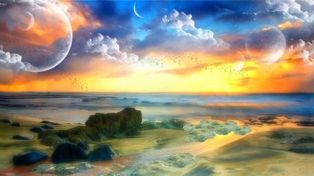 Mystical Shoreline of Twin Moons wallpaper