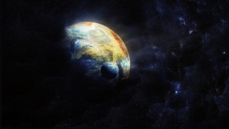 Planet with moon in the outer space wallpaper