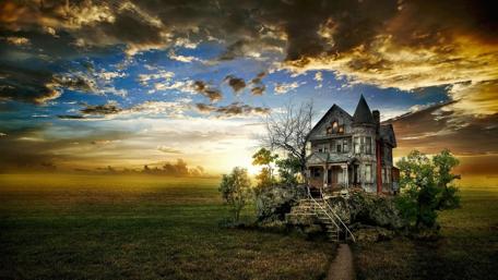 Lonely old house In the middle of the field wallpaper