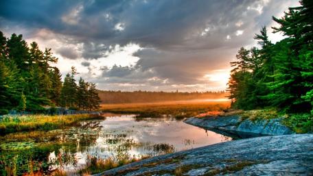 Sunset Over Serene Lake and Pine Forest wallpaper