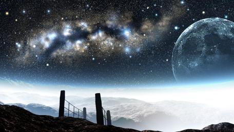 Mystical Cosmic Landscape with Starry Sky and Moonlight wallpaper