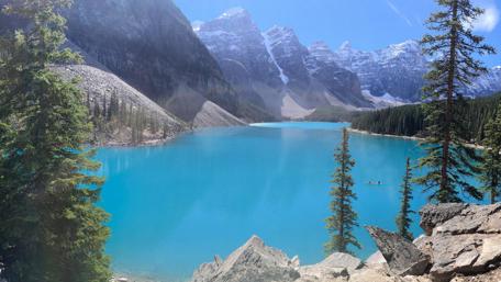 Majestic Alpine Lake and Snowy Peaks Scene wallpaper