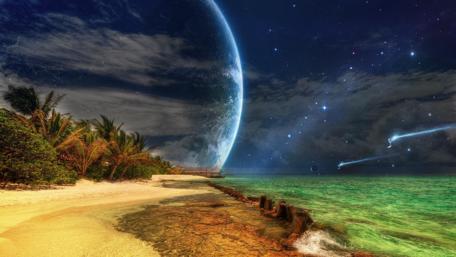 Tropical Shoreline Under Cosmic Majesty wallpaper