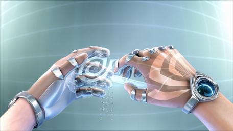 Futuristic Cyborg Hands Interacting with Technology wallpaper