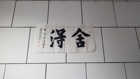 Zen-inspired Japanese Calligraphy on Tiled Wall wallpaper