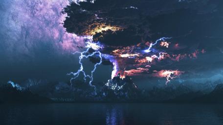 Mystical Volcanic Eruption Under Starry Skies wallpaper