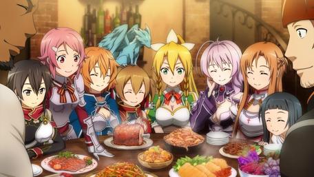 Anime Friends Enjoying a Feast Together wallpaper