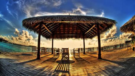 Seaside dock in the sunlight - Fisheye photography wallpaper
