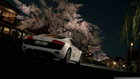 Elegant Audi R8 Surrounded by Cherry Blossoms at Night wallpaper
