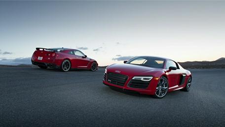 Red Audi R8 and Nissan GT-R Duo wallpaper