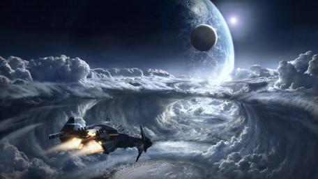 Cosmic Flight Over Cloud-Covered Planet wallpaper