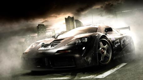 Dark and Powerful Race Car in Cityscape wallpaper