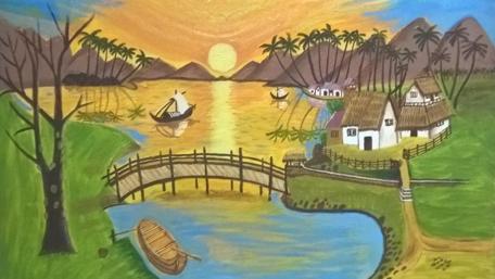 Serene Sunset Over Tranquil Village Landscape wallpaper