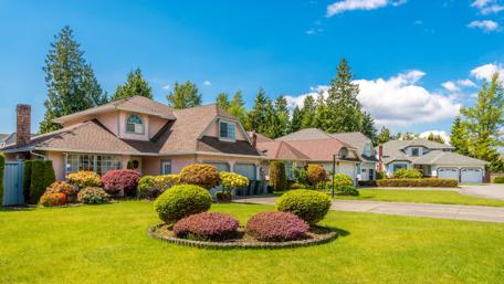 Charming Homes Surrounded by Lush Gardens and Clear Skies wallpaper