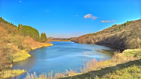 Serene Bulgarian River Landscape Under Clear Blue Sky wallpaper