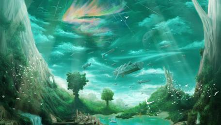 Mystical Sky Beneath Emerald Trees wallpaper