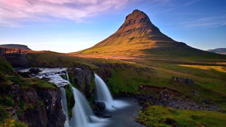 Mountain Serenity and Waterfall Beauty wallpaper