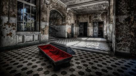 Haunted Gothic Mansion with Vampire Coffin wallpaper
