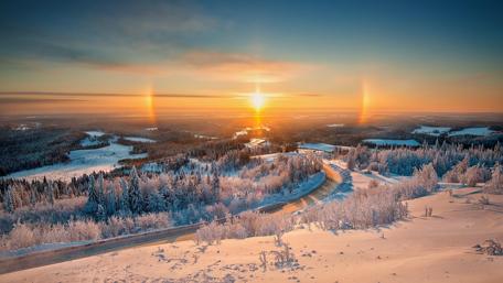 Winter's Sunset Symphony in Snowy Serenity wallpaper