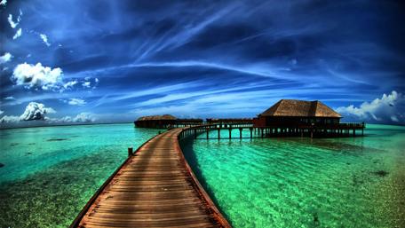 Caribbean overwater bungalow wallpaper