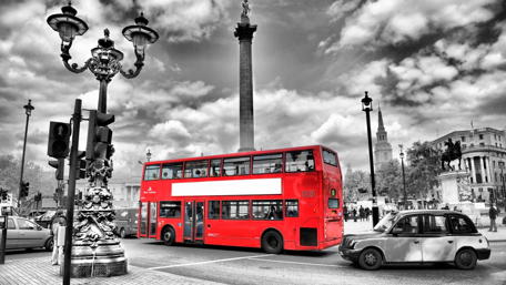 Red Double-Decker in Monochrome Cityscape wallpaper