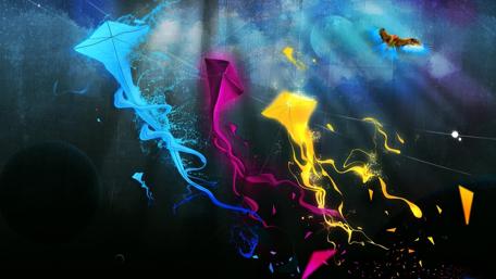 Colorful Kites Dancing in a Cosmic Dreamscape wallpaper