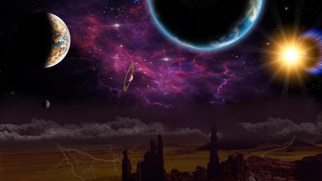 Mystical Cosmic Landscape with Radiant Suns and Planets in 4K wallpaper