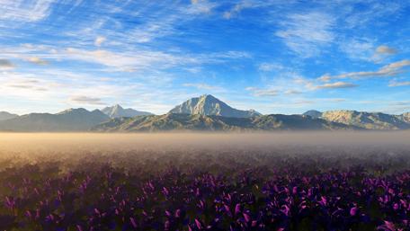 Majestic Mountains Over Vibrant Fields wallpaper