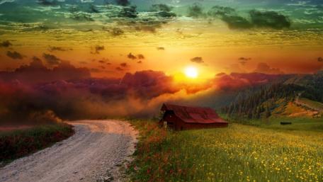 Mystical Sunset Over Serene Meadow Pathway wallpaper