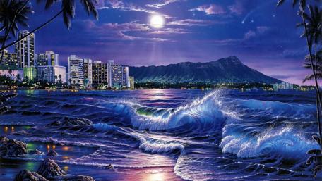 Moonlit Coastal Metropolis wallpaper