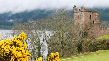 Castle Ruins by the Serene Lake in Autumn's Embrace wallpaper