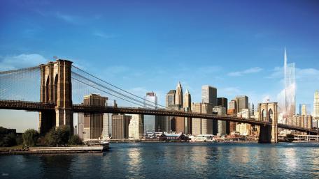 Brooklyn Bridge and Skyline Reflections on Water wallpaper